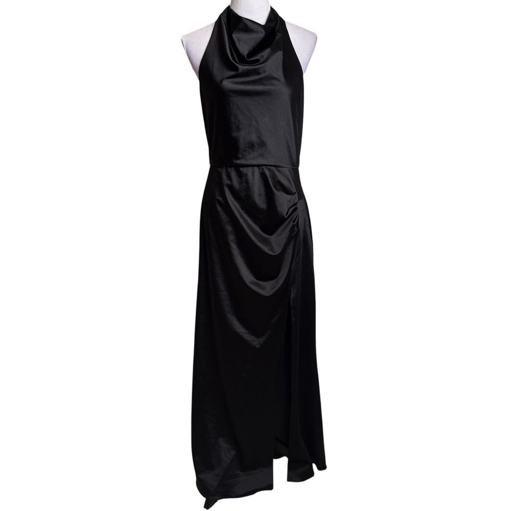 Blondie Nites Black Satin Cowl Halter Neck Ruched Slit Maxi Formal Dress Size 13